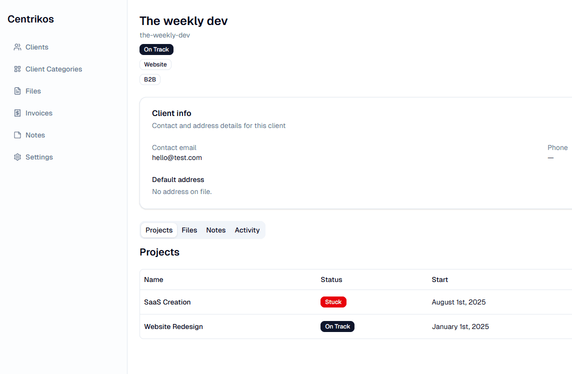 Centrikos client portal screenshot showing a clean, professional dashboard interface
