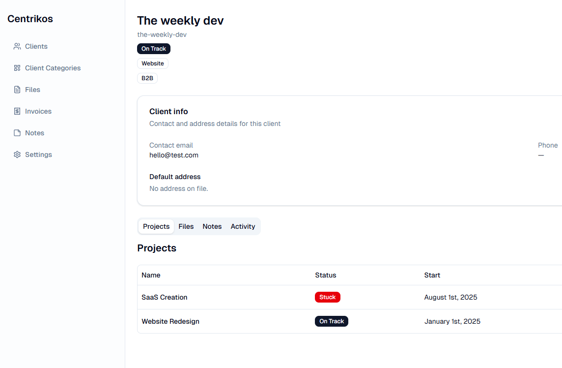 Centrikos client portal screenshot showing a clean, professional dashboard interface
